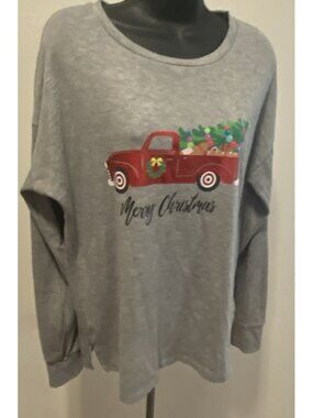 Modern Canvas Womens Large Long Sleeve Top Soft Gray Christmas Theme